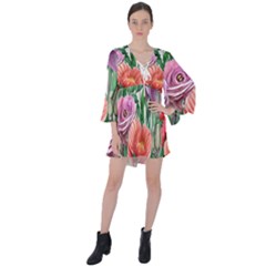 Captivating Watercolor Flowers V-neck Flare Sleeve Mini Dress by GardenOfOphir