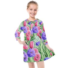 Exquisite Watercolor Flowers Kids  Quarter Sleeve Shirt Dress by GardenOfOphir