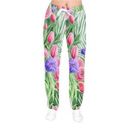 Exquisite Watercolor Flowers Women Velvet Drawstring Pants by GardenOfOphir