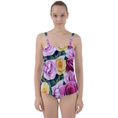 Cherished Watercolor Flowers Twist Front Tankini Set by GardenOfOphir