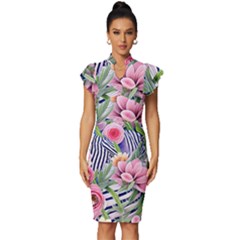 Luxurious Watercolor Flowers Vintage Frill Sleeve V-neck Bodycon Dress by GardenOfOphir