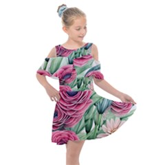 Majestic Watercolor Flowers Kids  Shoulder Cutout Chiffon Dress by GardenOfOphir
