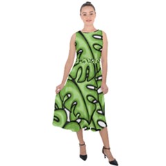 Leaves Nature Monstera Seamless Pattern Repeating Midi Tie-back Chiffon Dress