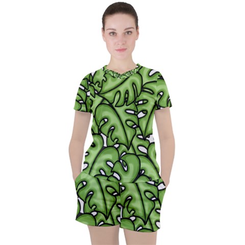 Leaves Nature Monstera Seamless Pattern Repeating Women s Tee And Shorts Set by Ravend