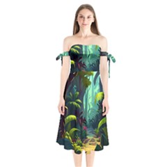 Rainforest Jungle Cartoon Animation Background Shoulder Tie Bardot Midi Dress