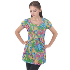 Flower Spring Background Blossom Bloom Nature Puff Sleeve Tunic Top