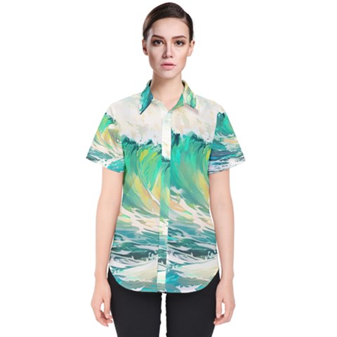 Ai Generated Waves Ocean Sea Tsunami Nautical Art Women s Short Sleeve Shirt by Ravend