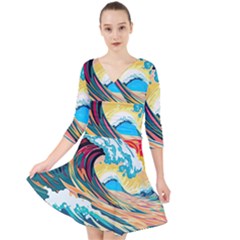 Ai Generated Waves Ocean Sea Tsunami Nautical Arts Quarter Sleeve Front Wrap Dress by Ravend
