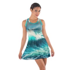 Ai Generated Waves Ocean Sea Tsunami Nautical Painting Cotton Racerback Dress by Ravend