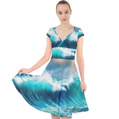 Ai Generated Waves Ocean Sea Tsunami Nautical Painting Cap Sleeve Front Wrap Midi Dress