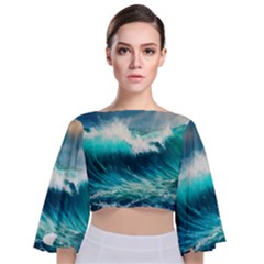 Ai Generated Waves Ocean Sea Tsunami Nautical Painting Tie Back Butterfly Sleeve Chiffon Top