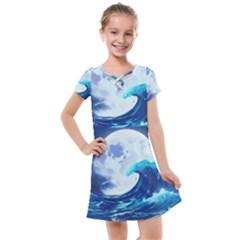 Ai Generated Waves Ocean Sea Tsunami Nautical Blue Kids  Cross Web Dress by Ravend