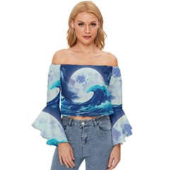 Ai Generated Waves Ocean Sea Tsunami Nautical Blue Off Shoulder Flutter Bell Sleeve Top