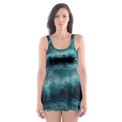 Ai Generated Waves Ocean Sea Tsunami Nautical Blue Sea Art Skater Dress Swimsuit by Ravend