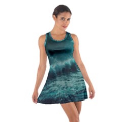 Ai Generated Waves Ocean Sea Tsunami Nautical Blue Sea Art Cotton Racerback Dress by Ravend