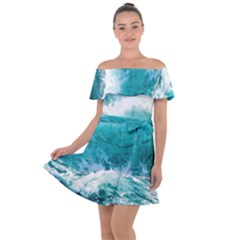 Ai Generated Waves Ocean Sea Tsunami Nautical Blue Sea Off Shoulder Velour Dress by Ravend