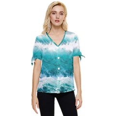 Ai Generated Waves Ocean Sea Tsunami Nautical Blue Sea Bow Sleeve Button Up Top