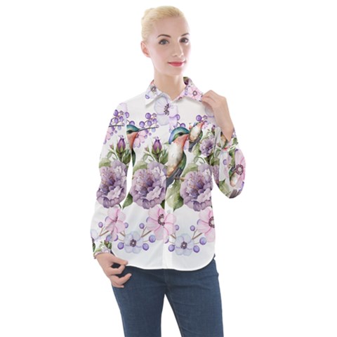 Hummingbird In Floral Heart Women s Long Sleeve Pocket Shirt by augustinet