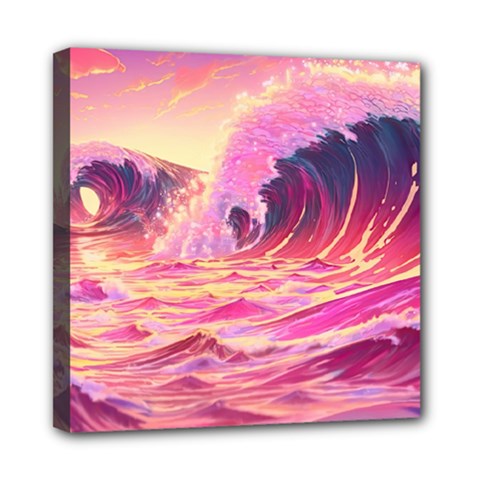 Ai Generated Waves Ocean Sea Tsunami Nautical Red Yellow Mini Canvas 8  X 8  (stretched) by Ravend