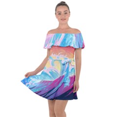 Ai Generated Waves Ocean Sea Tsunami Nautical Off Shoulder Velour Dress by Ravend