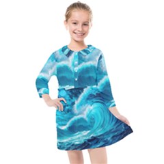 Ai Generated Waves Ocean Sea Tsunami Nautical Sea Kids  Quarter Sleeve Shirt Dress