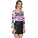 Rainbow Fun Cute Minimal Doodle Drawing Art Long Sleeve Tie Back Satin Wrap Top View3