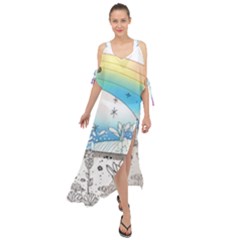 Rainbow Fun Cute Minimal Doodle Drawing Arts Maxi Chiffon Cover Up Dress