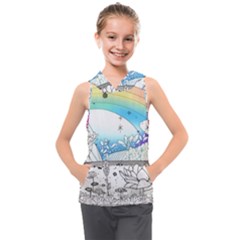 Rainbow Fun Cute Minimal Doodle Drawing Arts Kids  Sleeveless Hoodie by Ravend