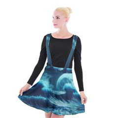 Moonlight High Tide Storm Tsunami Waves Ocean Sea Suspender Skater Skirt