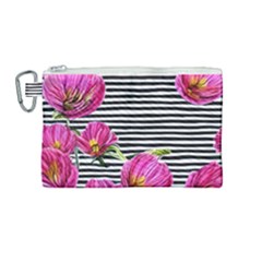Pink Flowers Black Stripes Canvas Cosmetic Bag (medium) by GardenOfOphir