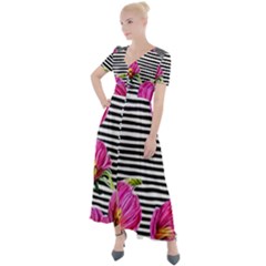 Pink Flowers Black Stripes Button Up Short Sleeve Maxi Dress by GardenOfOphir