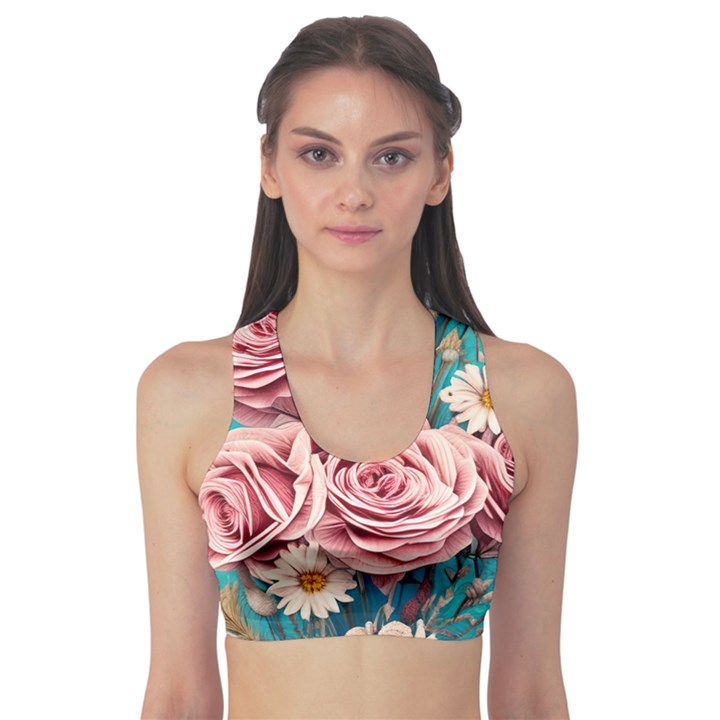 Coral Blush Rose on Teal Sports Bra