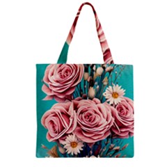 Coral Blush Rose On Teal Zipper Grocery Tote Bag by GardenOfOphir