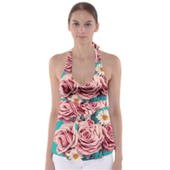 Coral Blush Rose On Teal Babydoll Tankini Top by GardenOfOphir