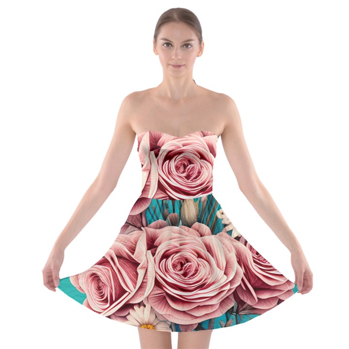 Coral Blush Rose on Teal Strapless Bra Top Dress