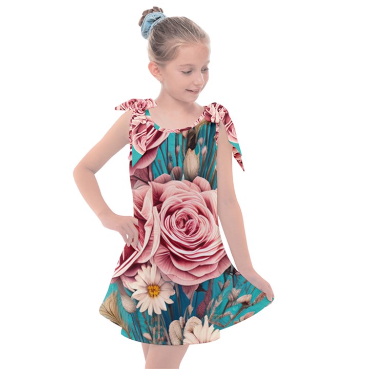 Coral Blush Rose on Teal Kids  Tie Up Tunic Dress