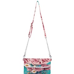 Coral Blush Rose On Teal Mini Crossbody Handbag by GardenOfOphir