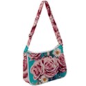 Coral Blush Rose on Teal Zip Up Shoulder Bag View1