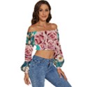 Coral Blush Rose on Teal Long Sleeve Crinkled Weave Crop Top View3