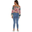 Coral Blush Rose on Teal Long Sleeve Crinkled Weave Crop Top View4