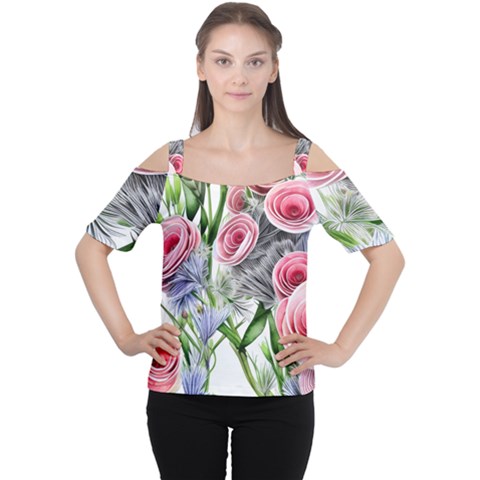 Captivating Coral Blooms Cutout Shoulder Tee by GardenOfOphir