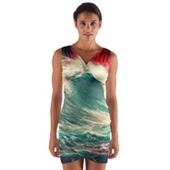 Storm Tsunami Waves Ocean Sea Nautical Nature Painting Wrap Front Bodycon Dress by Ravend