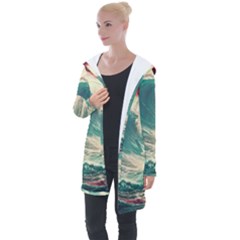 Storm Tsunami Waves Ocean Sea Nautical Nature Painting Longline Hooded Cardigan