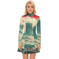 Storm Tsunami Waves Ocean Sea Nautical Nature Painting Long Sleeve Velour Longline Dress by Ravend