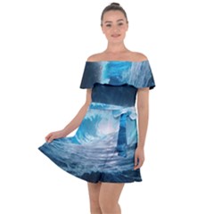 Thunderstorm Storm Tsunami Waves Ocean Sea Off Shoulder Velour Dress by Ravend