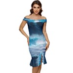 Thunderstorm Storm Tsunami Waves Ocean Sea Off Shoulder Ruffle Split Hem Bodycon Dress