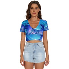 Tsunami Tidal Wave Ocean Waves Sea Nature Water Blue V-neck Crop Top by Ravend