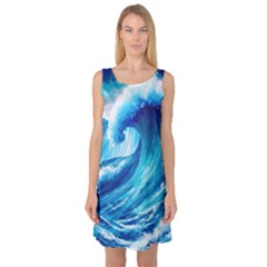 Tsunami Tidal Wave Ocean Waves Sea Nature Water Blue Painting Sleeveless Satin Nightdress
