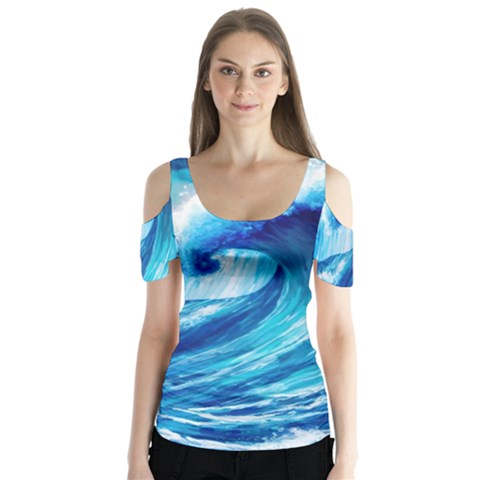 Tsunami Tidal Wave Ocean Waves Sea Nature Water Blue Painting Butterfly Sleeve Cutout Tee  by Ravend