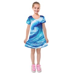 Tsunami Tidal Wave Ocean Waves Sea Nature Water Blue Painting Kids  Short Sleeve Velvet Dress